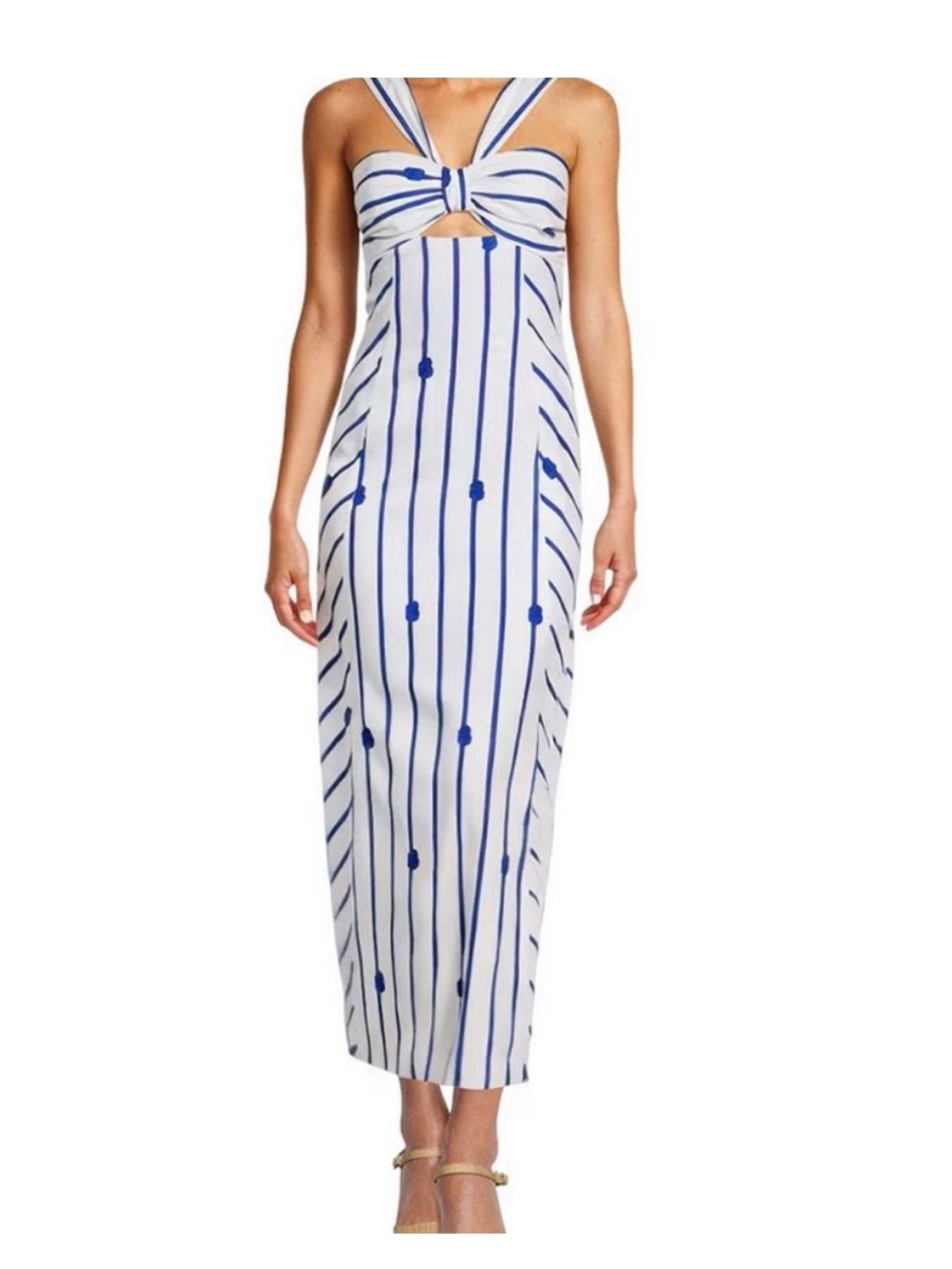 NWT ANTONIO MELANI White Dress with Blue Rope-Stripe and Front Knot XS